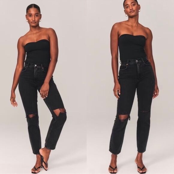 A&F Curve Love Ultra High Rise 90s Straight Jean in Black Destroy 29/8 Short - Picture 2 of 12